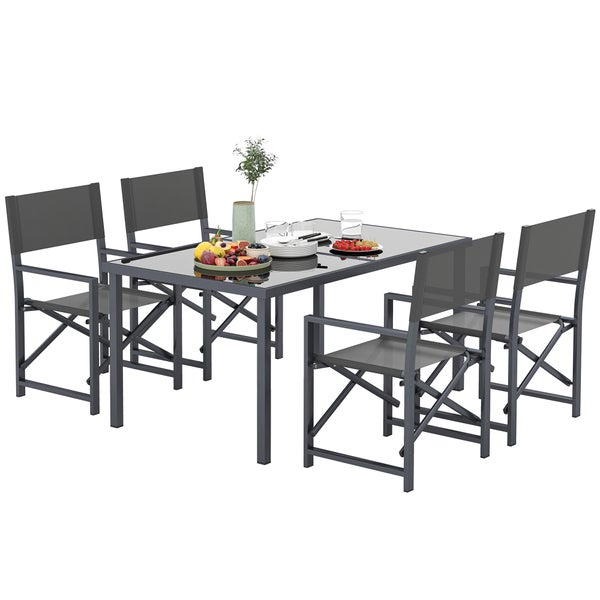 Outsunny Sitzgruppe 5-teilig Essgruppe Stahl für 4 Personen Esstisch mit 4 klappbar Stühlen Esszimmergruppe mit Glastisch Küchentisch-Set Balkonmöbel Gartenmöbel für Terrasse, Balkon Grau