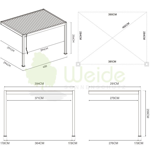 Weide Deluxe Wandpergola 3 x 4 M - Voll-Aluminium, Lamellendach, Weiß