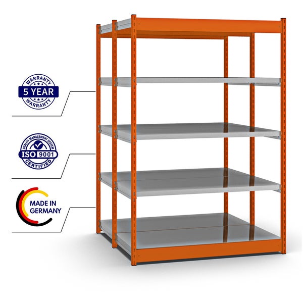 PROREGAL Fachbodenregal Stecksystem Vierkant-Profil Grundregal HxBxT 200 x 132,5 x 60 cm 2x5 Ebenen Doppelseitige Bauart Fachlast 200 kg Orange