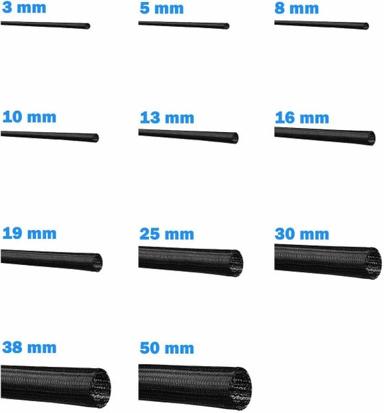 Set mit Geflechtschläuchen in verschiedenen Durchmessern von drei Millimeter bis fünfzig Millimeter für das Kabelmanagement.