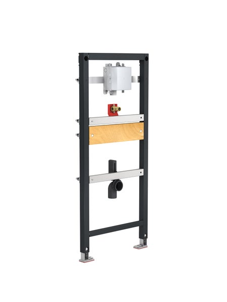 Vorwandelement für Waschtisch mit Metallrahmen, Holzverstärkung und integrierten Anschlüssen für die Montage in Trockenbauwänden.