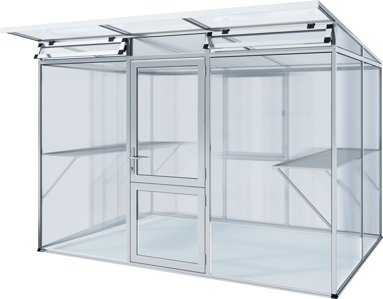 Anlehngewächshaus aus Aluminium mit Hohlkammerplatten aus Polycarbonat, inklusive Tür, Regalen und Dachfenstern.