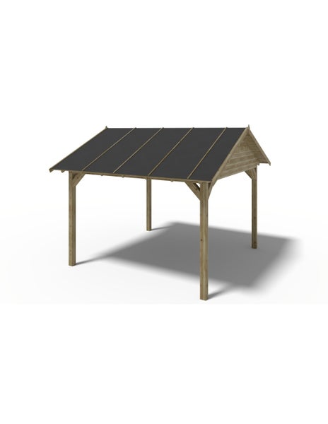 Holz-Pavillon mit Satteldach und dunkler Eindeckung.