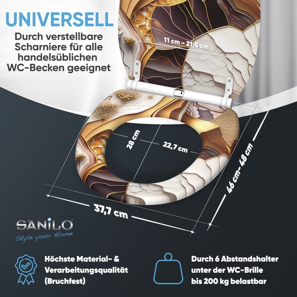 Sanilo WC-Sitz mit Marmor-Muster inklusive Maßangaben, verstellbaren Scharnieren und 200 Kilogramm Belastbarkeit.