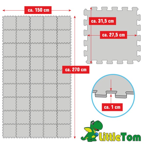Little Tom Puzzlematte aus Schaumstoff mit Maßen der Gesamtfläche und der einzelnen Puzzleteile sowie Angabe der Materialstärke