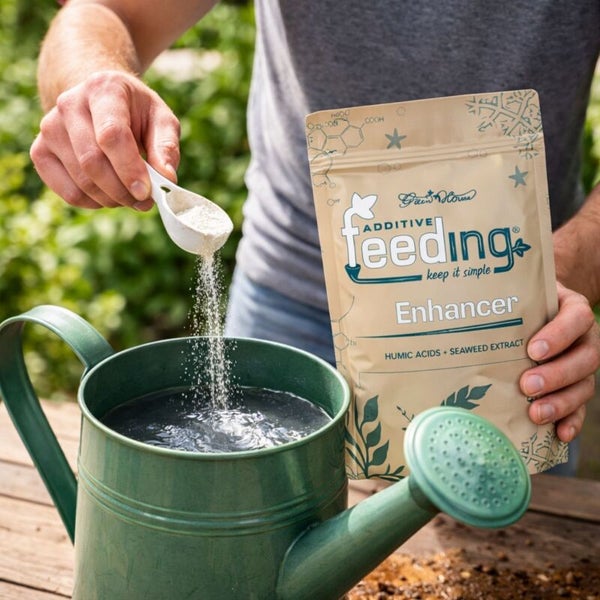 Eine Person fügt Dünger zu einer Gießkanne hinzu. Das Produkt ist ein Zusatzstoff mit dem Namen Feeding Enhancer, der Huminsäuren und Algenextrakt enthält.