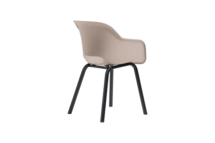 Armlehnenstuhl mit beigefarbener Kunststoff-Sitzschale und schwarzen Metallbeinen, Rückansicht.