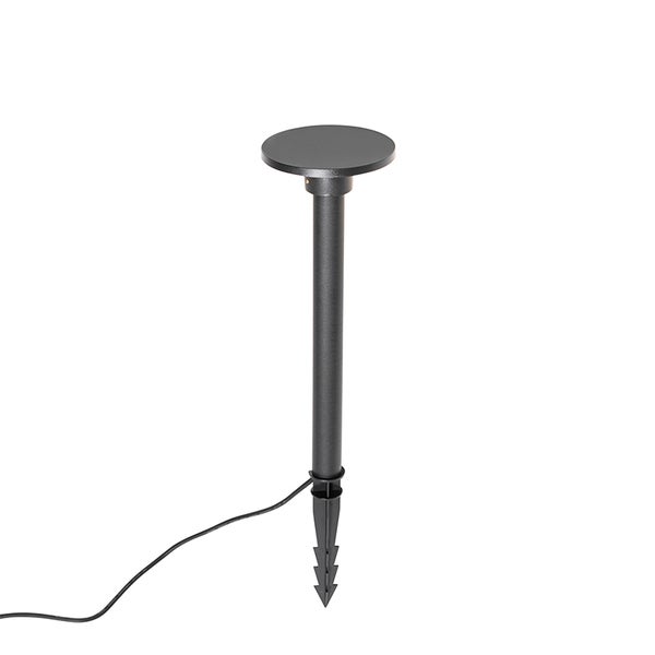 Schwarzer Gartenstrahler mit Erdspieß und flachem, rundem Kopf für die Außenbeleuchtung.