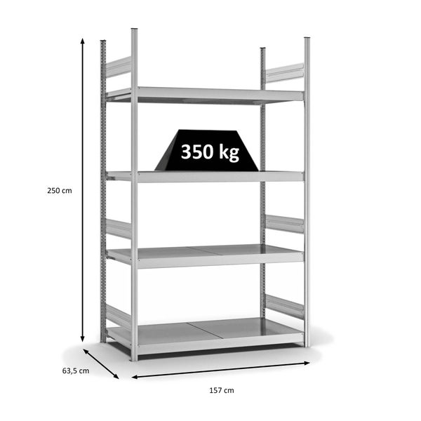 PROREGAL Weitspannregal Stecksystem T-Profil Grundregal HxBxT 250x150x60 cm 4 Ebenen Stahlplatten Fachboden Fachlast 350 kg Verzinkt