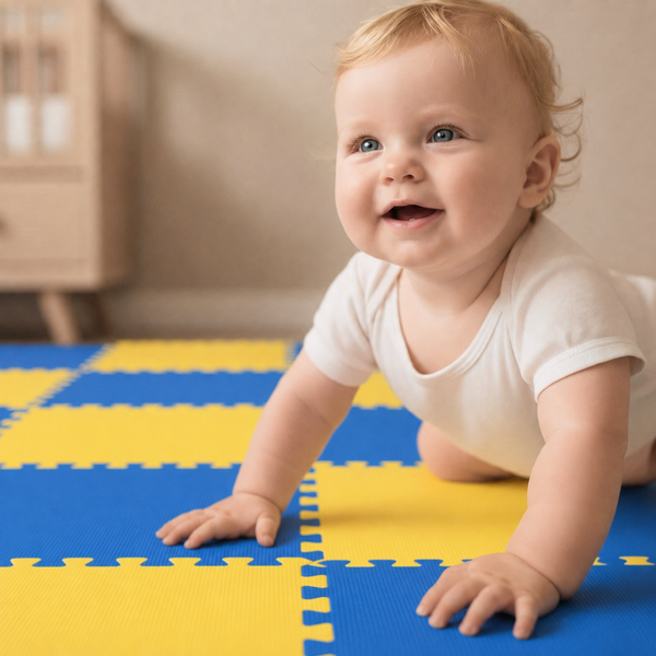 Ein Kleinkind krabbelt auf einer bunten Puzzlematte aus Schaumstoff im Kinderzimmer.