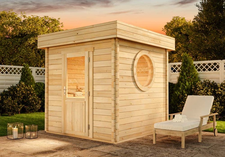 FinnTherm Saunahaus Cubus-70 A Gartensauna 3 Sitzbänke aus Holz, Sauna mit 70 mm Wandstärke, Außensauna mit Montagematerial, Naturbelassen 2,4x2,4m