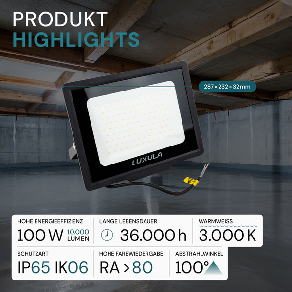 Luxula LED-Strahler mit den Maßen 287 x 232 x 32 mm, 100 Watt Leistung, 10.000 Lumen Lichtstrom, 36.000 Stunden Lebensdauer, 3.000 Kelvin warmweißes Licht, Schutzart IP65 IK06 und einem Abstrahlwinkel von 100 Grad.