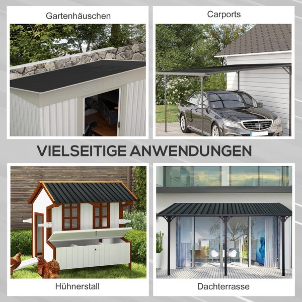 Stapel anthrazitfarbene Trapezbleche aus Stahl mit vorgebohrten Löchern.