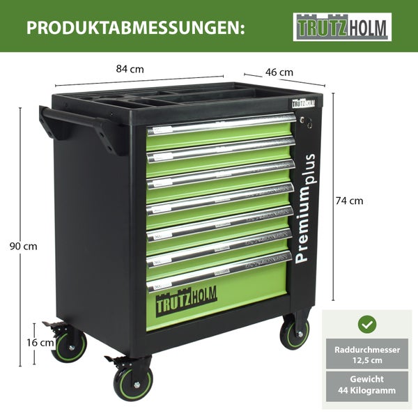 Trutzholm Werkstattwagen Premium Plus mit sieben Schubladen und Maßangaben zur Übersicht der Produktabmessungen.
