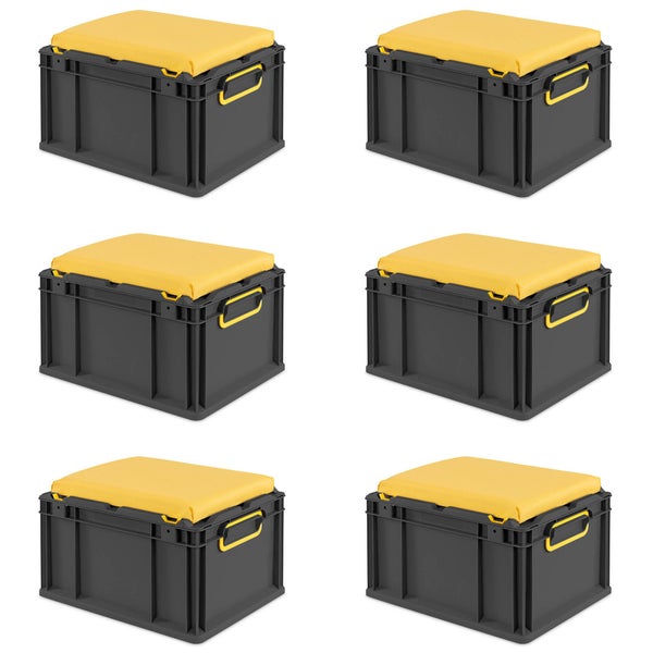 Sechs graue Kunststoffboxen mit gelben Sitzkissen