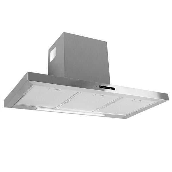 Wandhaube aus Edelstahl mit integrierter Beleuchtung und drei Fettfiltern.