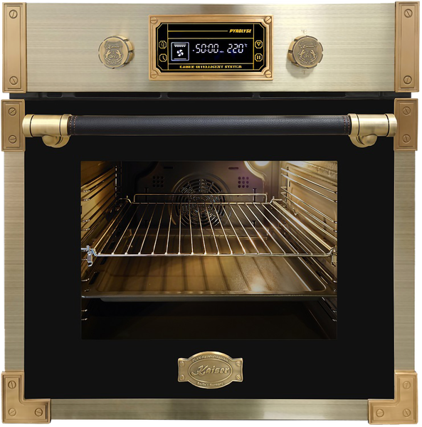 Kaiser Einbau Backofen und Mikrowelle Kombination im Retro Stil mit Pyrolyse Funktion und verschiedenen Heizsymbolen zur Funktionsauswahl