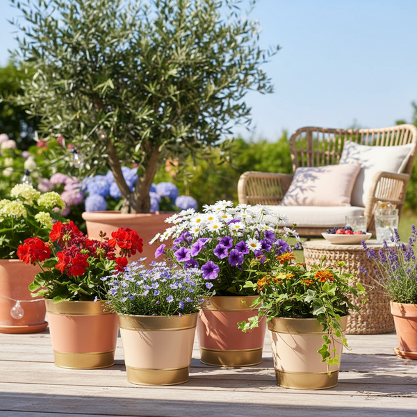 Sonnige Terrasse mit Holzdeck, bunten Pflanzen in dekorativen Töpfen, einem Olivenbaum und Gartenmöbeln aus Korbgeflecht.