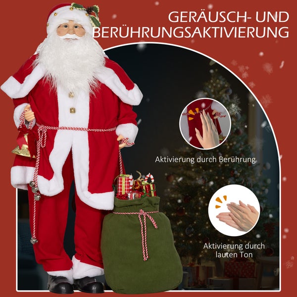 HOMCOM Weihnachtsmann 1,4 m stehende Weihnachtsmann mit Geschenk- und Weihnachtsglocken, Klassische Weihnachtsbaumdekoration mit Soundfunktion, Indoor, Rot