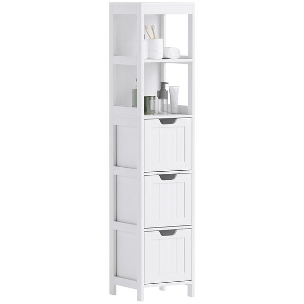 HOMCOM Badezimmerschrank Badschrank, Bad Hochschrank mit 3 Schubladen, 2 offenen Fächern, Aufbewahrungsschrank für Badezimmer, Wohnzimmer, Weiß, 30 x 30 x 142,4 cm