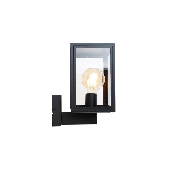 Schwarze Wandleuchte in Kastenform mit Glaseinsätzen und sichtbarem Leuchtmittel.