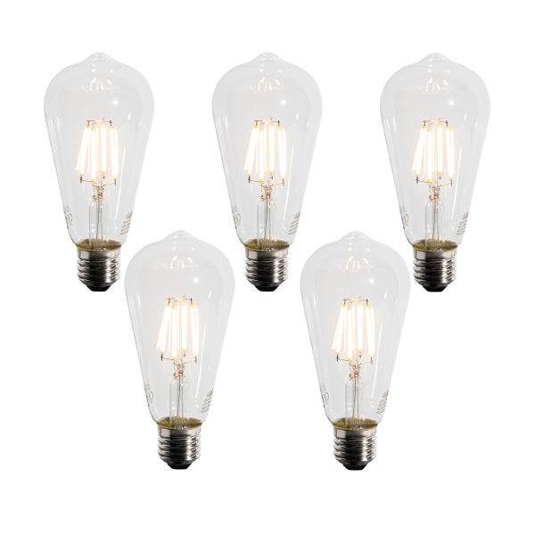 Fünfer Set LED Filament Leuchtmittel in Edison Form ST64 mit E27 Sockel und klarem Glas.