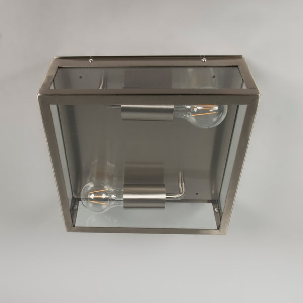 Rechteckige Wandleuchte aus Metall in Edelstahloptik und Glas mit zwei Leuchtmitteln.