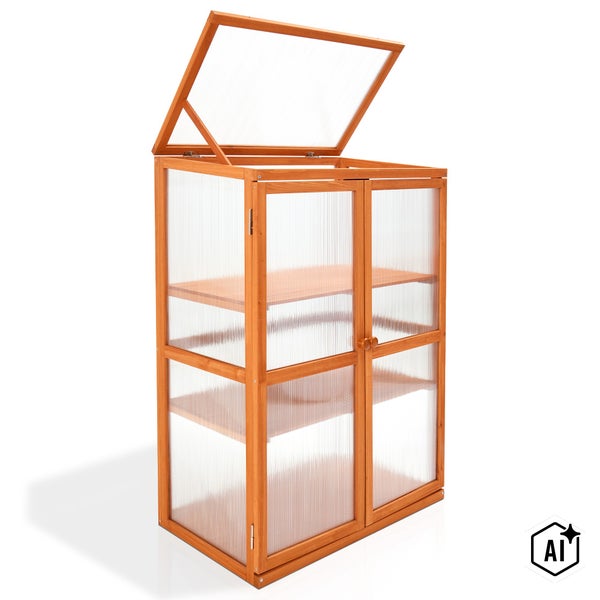 Frühbeet aus Holz mit Polycarbonatplatten und aufklappbarem Dach sowie zwei Türen für den Garten