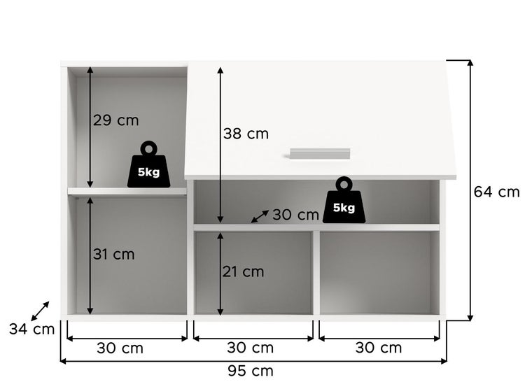 Offenes Regal mit Maßen 95 mal 64 mal 34 Zentimeter. Verfügt über mehrere Fächer und zwei Ablagen mit einer Tragkraft von 5 Kilogramm.