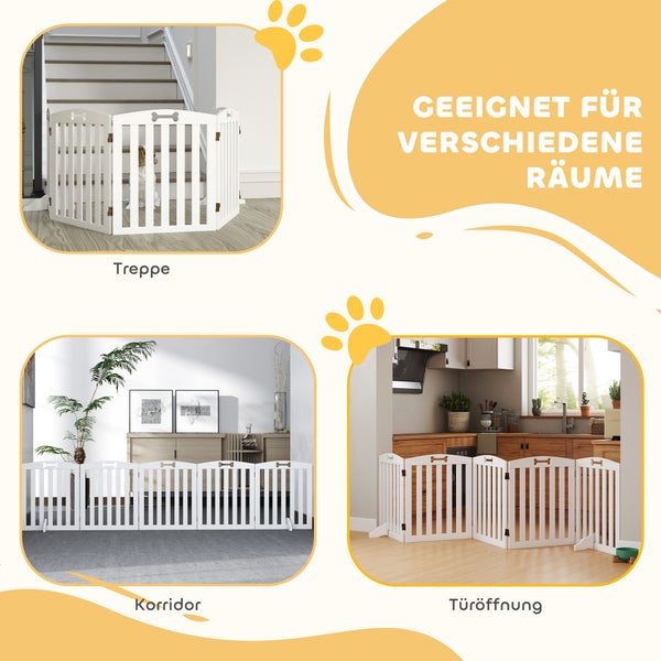Weißes freistehendes Absperrgitter aus Holz für Haustiere, dargestellt an einer Treppe, in einem Korridor und an einer Türöffnung.