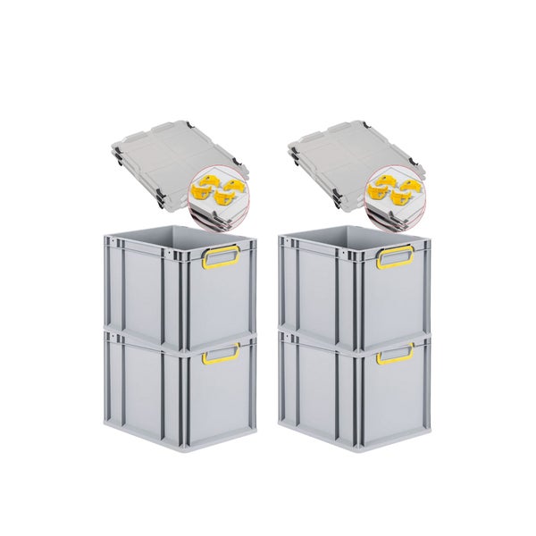 PROREGAL Spar Set 4x Eurobox Nextgen Color Mit Auflagedeckel & Schiebeschnappverschlüsse HxBxT 32 x 30 x 40 cm Griffe Gelb Geschlossen Glatter Boden