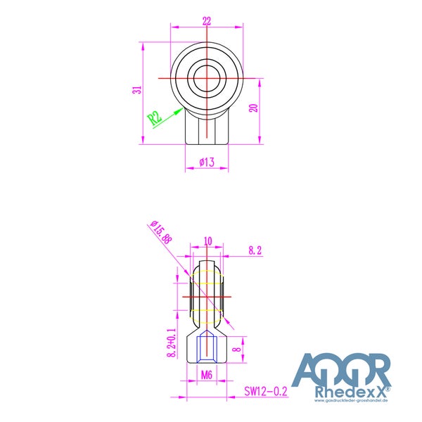 Technische Zeichnung eines Gelenkkopfes mit M6-Gewinde und Abmessungen in Millimetern. RhedexX Logo.