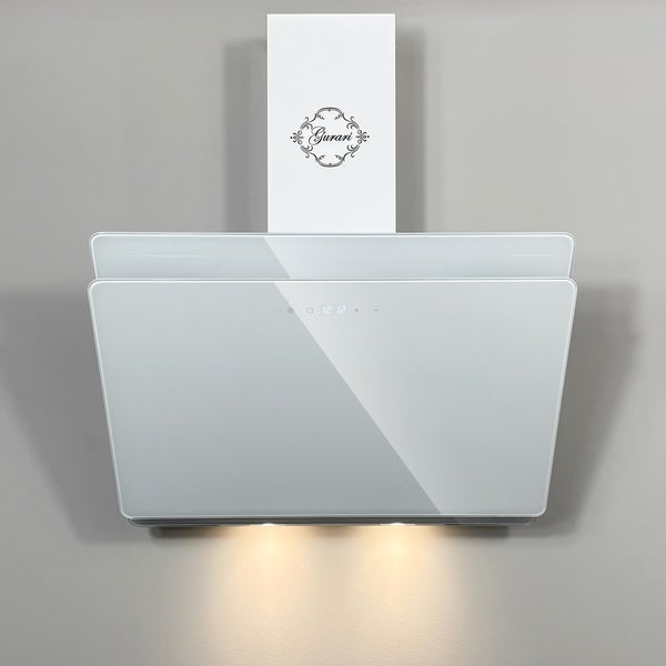 Moderne schräge Wandabzugshaube von Gurari mit Touch-Steuerung, Display und LED-Beleuchtung zur Wandmontage in der Küche.