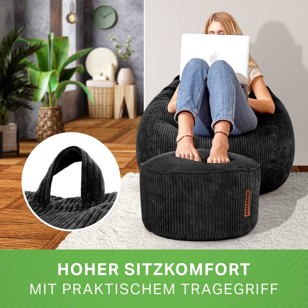 Green Bean 2er Set Indoor XXL Sitzsack + Pouf mit EPS-Perlen Füllung - Fußhocker Fußkissen Hocker Bodenkissen Liegekissen Sitzkissen Lounge Chair - Schwarz