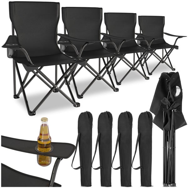 Set aus 4 klappbaren Campingstühlen inklusive Tragetaschen. Mit Armlehnen und integrierten Getränkehaltern. Robustes Metallgestell und Stoffbezug.