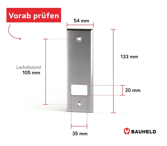Technische Zeichnung einer Türschildbefestigung mit Maßangaben