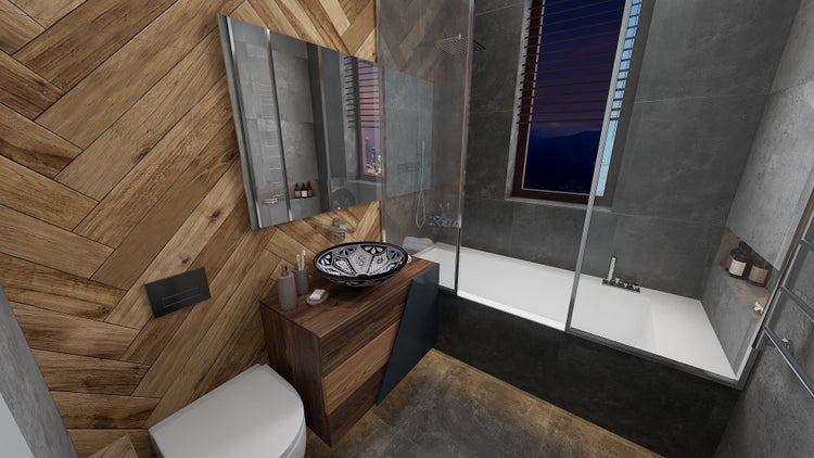 Badezimmer mit Waschbecken, Spiegel, Toilette und Badewanne