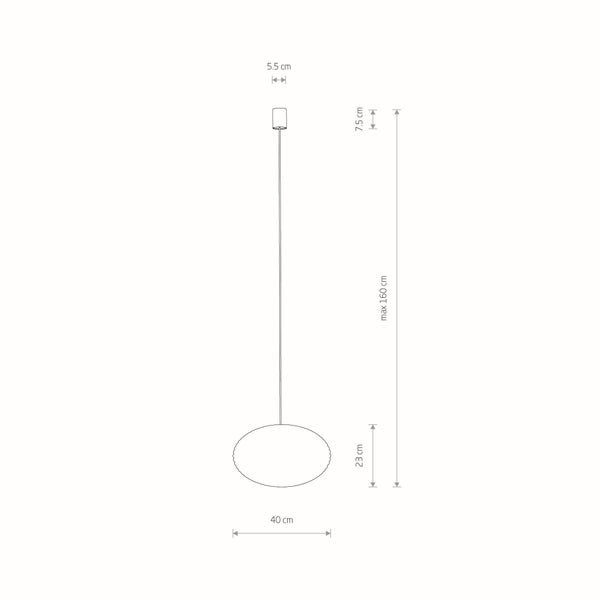 Technische Zeichnung Pendelleuchte: Baldachin 5,5 mal 7,5 Zentimeter, Gesamthöhe maximal 160 Zentimeter, Schirm 40 mal 23 Zentimeter.