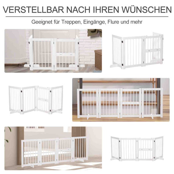 PawHut Hunde Absperrgitter Türschutzgitter mit 2 Stützfüßen, klappbares Schutzgitter mit Konfigurationsgitter, umkehrbarer Tür, 4 Stücke, Kiefernholz Weiß 215 x 38 x 75 cm