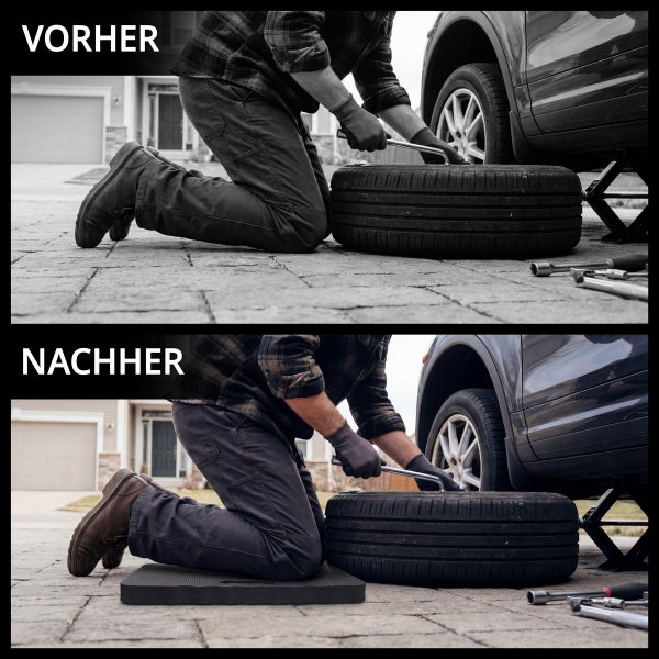 Vorher-Nachher-Vergleich beim Reifenwechsel am Auto: Eine Person kniet direkt auf dem Boden gegenüber dem Knien auf einer Knieunterlage.