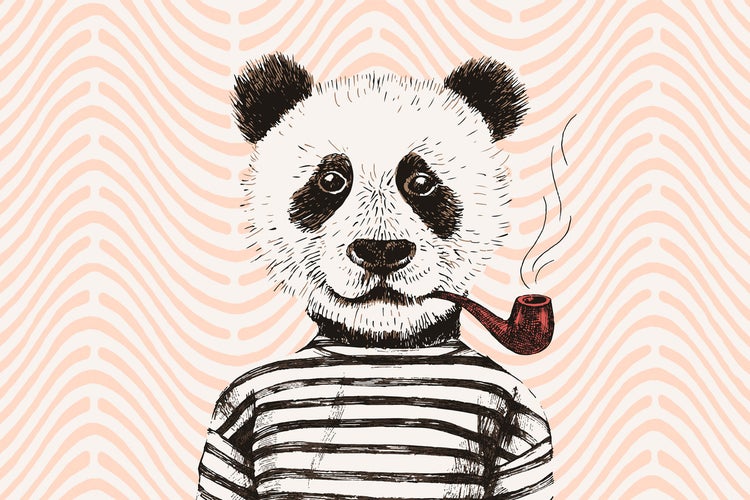 Illustration eines Pandas mit Pfeife und gestreiftem Hemd