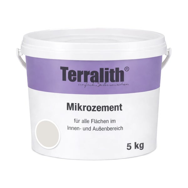Terralith Mikrozement hellgrau im 5 Kilogramm Eimer für den Innen- und Außenbereich.