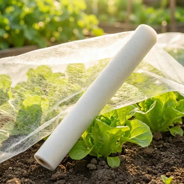 Eine Rolle mit Pflanzenvlies zur Abdeckung von Gartenbeeten mit Salatpflanzen.