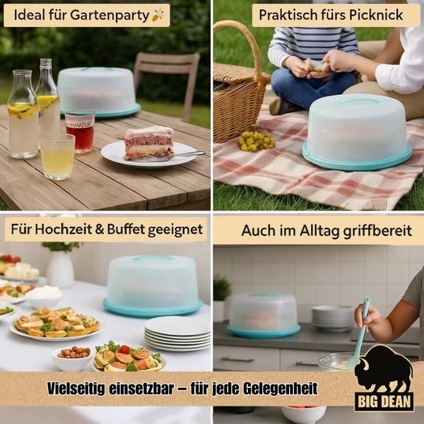 Tortenglocke aus Kunststoff in einer hellen Küche, lebensmittelecht, spülmaschinengeeignet und frei von Bisphenol A. BIG DEAN Logo.
