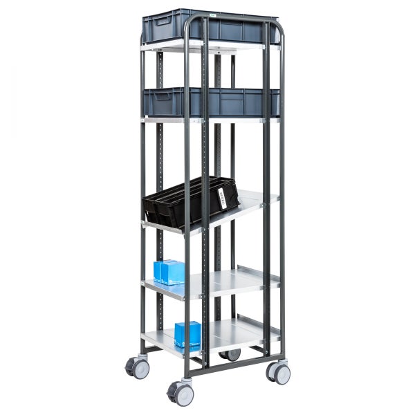 Rollregal mit mehreren Ablagen und Transportboxen