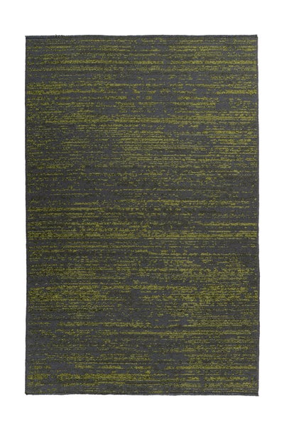 Flachgewebter Teppich in Grau und Gelbgrün mit meliertem Muster und horizontaler Struktur.