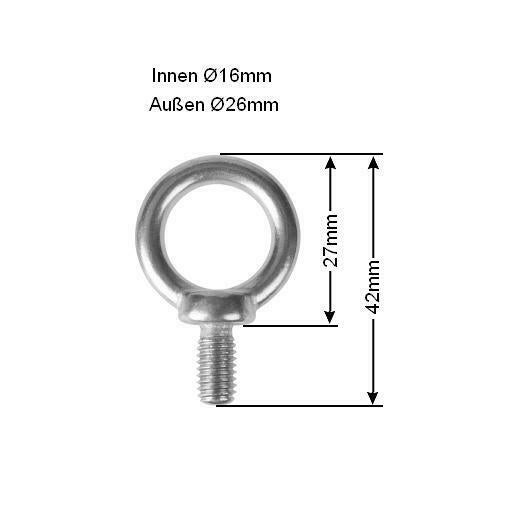 Ringmutter mit technischer Zeichnung, Innendurchmesser 16 Millimeter, Außendurchmesser 26 Millimeter, Gesamthöhe 42 Millimeter.
