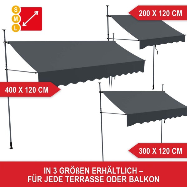 Seitenmarkise mit integrierter Aufrollmechanik und Handkurbel für manuelles Ausfahren und Einfahren bis zu 180 Zentimeter.