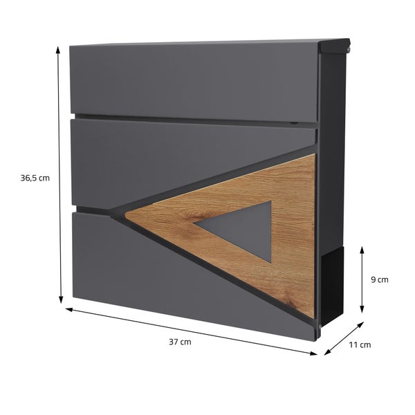 Briefkasten in Anthrazit mit Zeitungsfach, modernes Design mit Holzoptik-Element, Maße 37 mal 36,5 mal 11 Zentimeter.