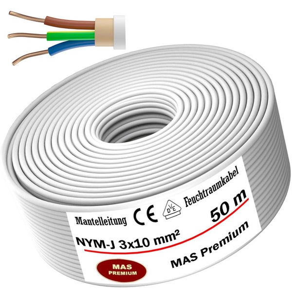 Rolle weiße Mantelleitung NYM-J 3 mal 10 Quadratmillimeter Feuchtraumkabel MAS Premium 50 Meter mit VDE-Prüfzeichen und CE-Kennzeichnung.